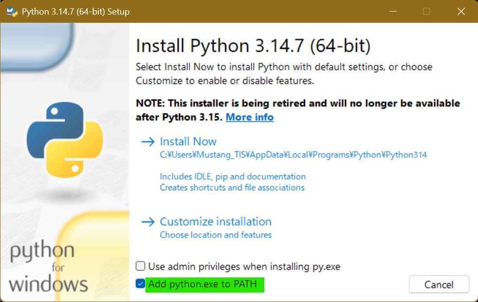 Pythonインストール画面